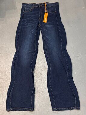 Taker Baggy Jeans Mens 34 X 38 Blue Curved Leg Seam Stacked Stretch New